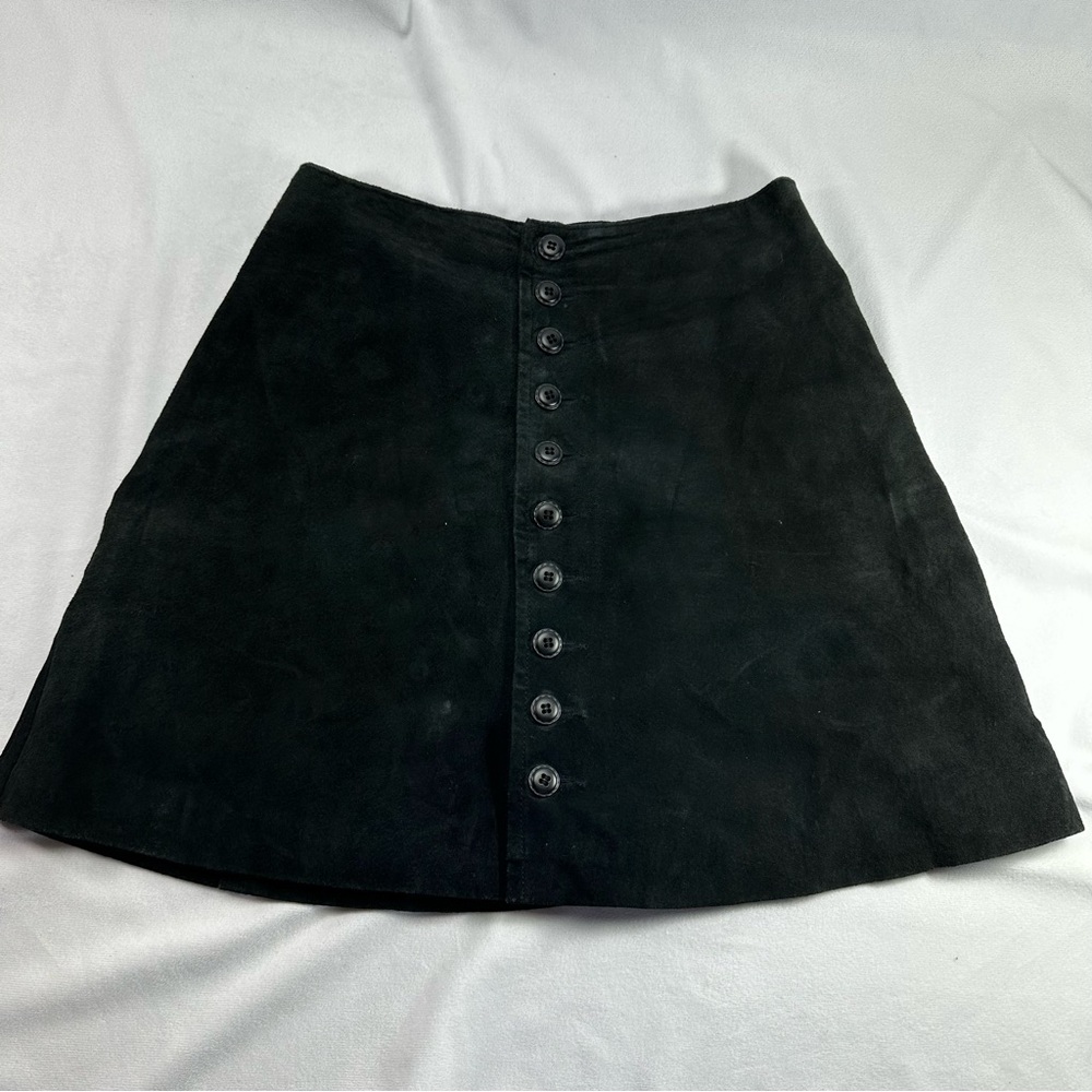 Express Leather Mini Skirt A-Line Button Fly Mid Rise Lined Black Biker Gothic - Picture 9 of 9